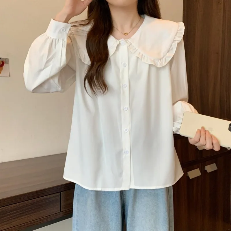 

2024 New Spring Autumn Plus Size Doll Collar Long Sleeve Shirt Women's Loose Design Sense Niche Slim Foreign Age-Reducing Top