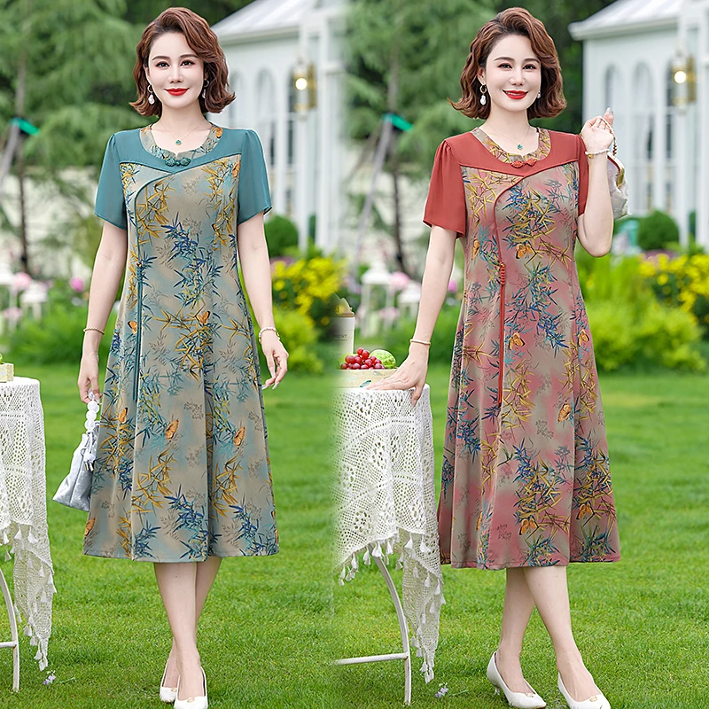 

Retro Female Floral Silk Midi Dres Spring Summer Elegant Chiffon Splice Dress Vintage Casual Party Dresses Knee Long Robe