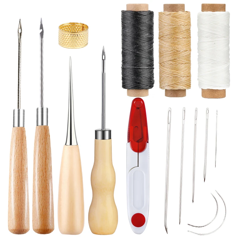 LMDZ 16Pcs DIY Leather Sewing Kit Shoemaker Repair Tools with Waxed Thread Stitching Needles Wooden Handle Awls Thimble Scissors
LMDZ 16Pcs DIY Leather Sewing Kit Shoemaker Repair Tools with Waxed Thread Stitching Needles Wooden Handle Awls Thimble Scissors