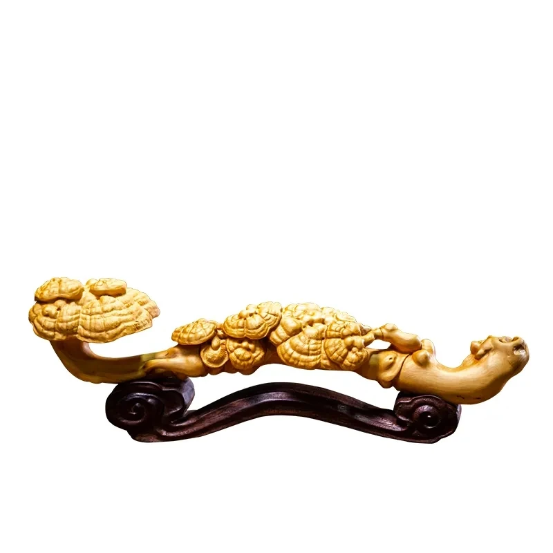 

14CM Hand Carved Boxwood Carving Figurine Lucky Statue Home Decor -Ganoderma Ruyi Feng Shui Sculpture