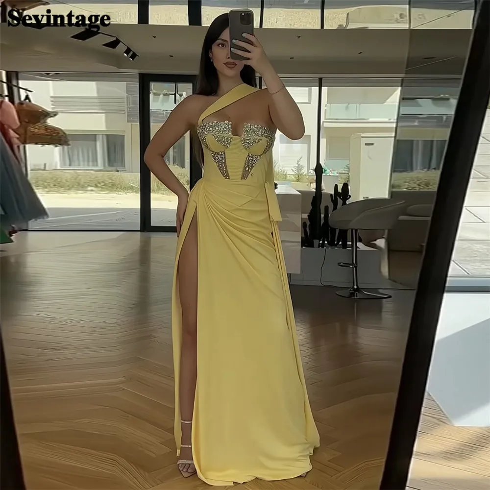 

Sevintage Elegant Yellow Prom Dresses Mermaid One Shoulder Sequineds Floor Length High Slit Party Gowns vestidos de graduación