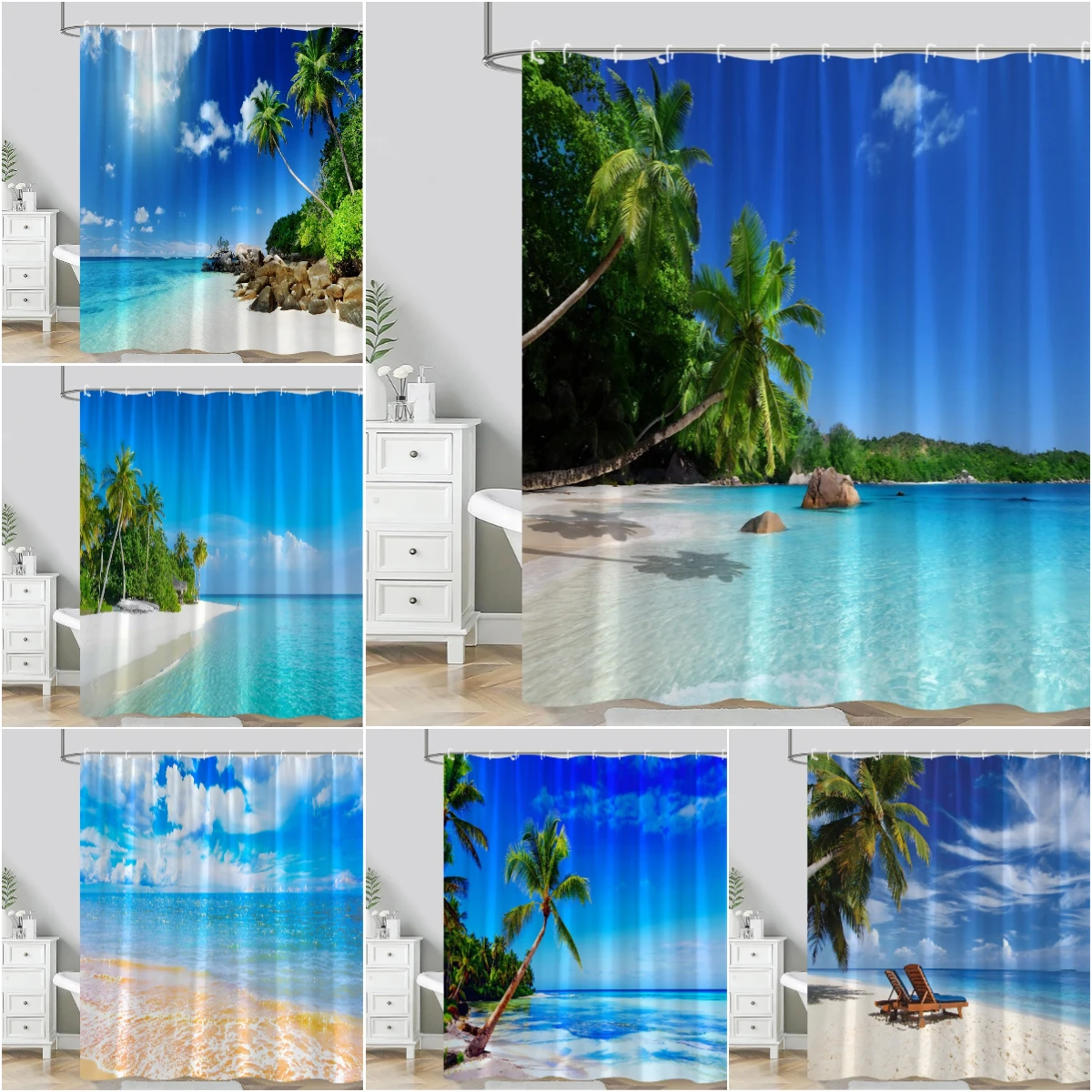 

Ocean Scenery Shower Curtain Seaside Beach Nature Landscape Tropical Palm Tree Summer Polyester Fabric Bathroom Curtain Washable