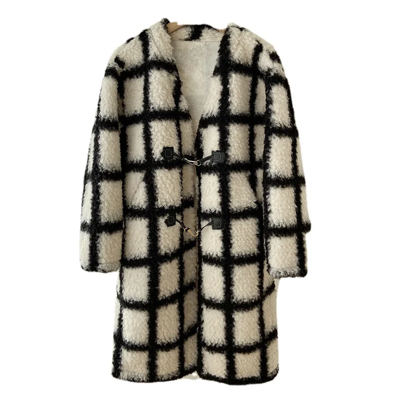 

Lattice Long Wool Coat Women Winter Faux Fur Jacket Teddy Female 2023 New in Outerwear Ladies Plush Fluffy Furred