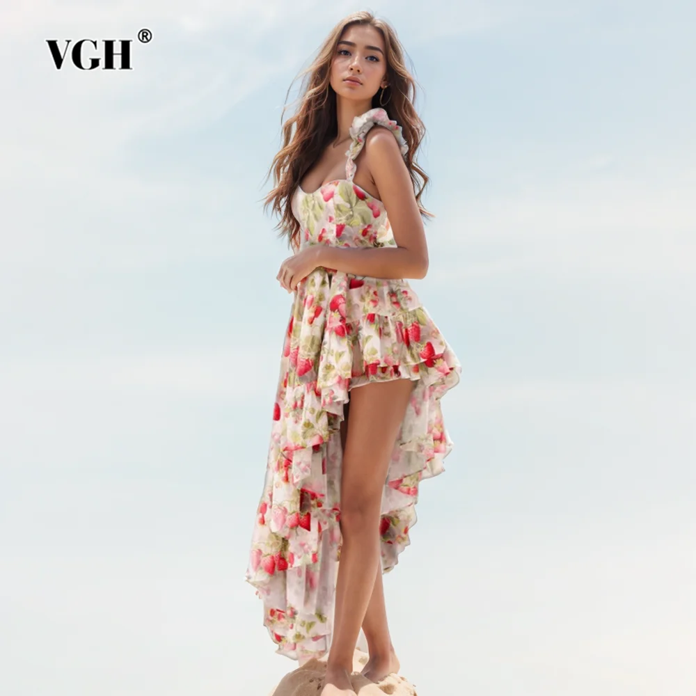 

VGH Hit Color Printing Patchwork Lace Up Dresses For Women Square Collar Sleeveless Backless High Waist Camisole Dress Female