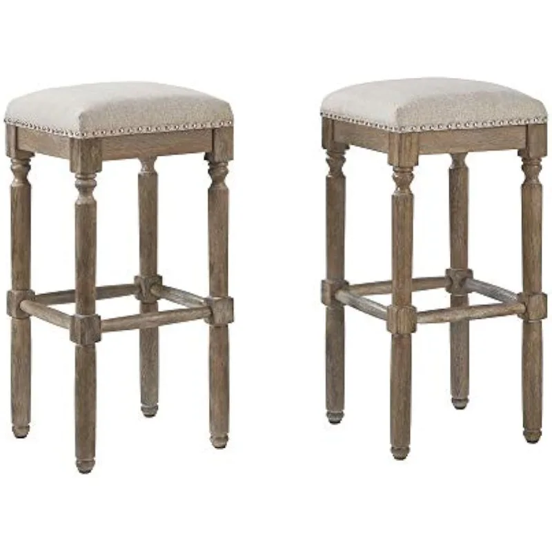 

Pub Height Bar Stools Upholstered Pub Stool Weathered Oak finish 30"H, Taupe Fabric 2-Pack