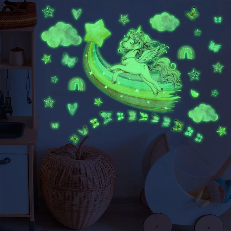 

Glow In The Dark Stars Rainbow Unicorn Wall Decal For Kids Room Luminous Unicorn Wall Stickers Girls Bedroom Fluorescent Sticker