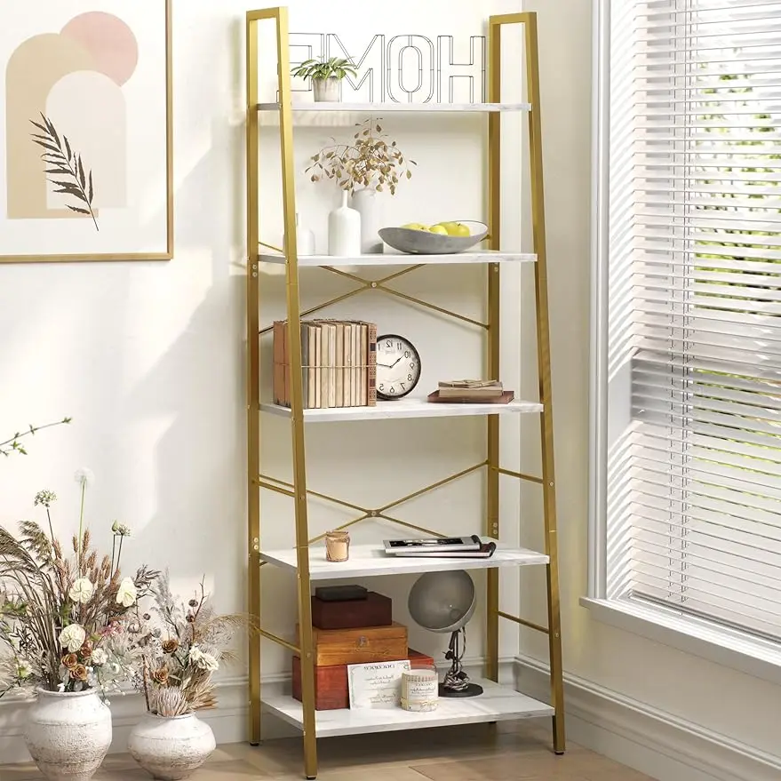 

Yusong Bookshelf Ladder Shelf 5-Tier Bookcase for Bedroom Industrial Book Shelves Storage Rack with Metal Frame for Home Office