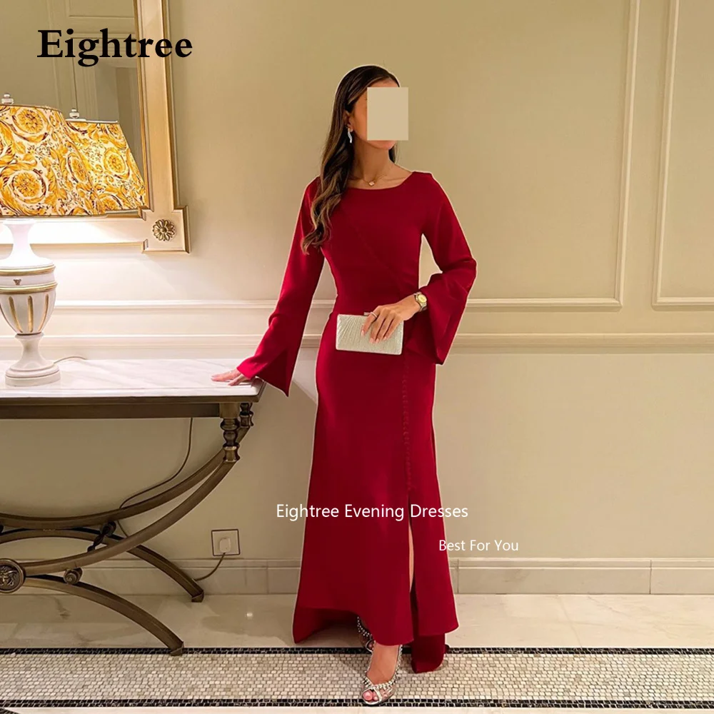 

Eightree Red Vintage Abendkleider Dubai Evening Dresses Mermaid Long Sleeves Slit Buttons O Neck Wedding Party Dress Formal Occa