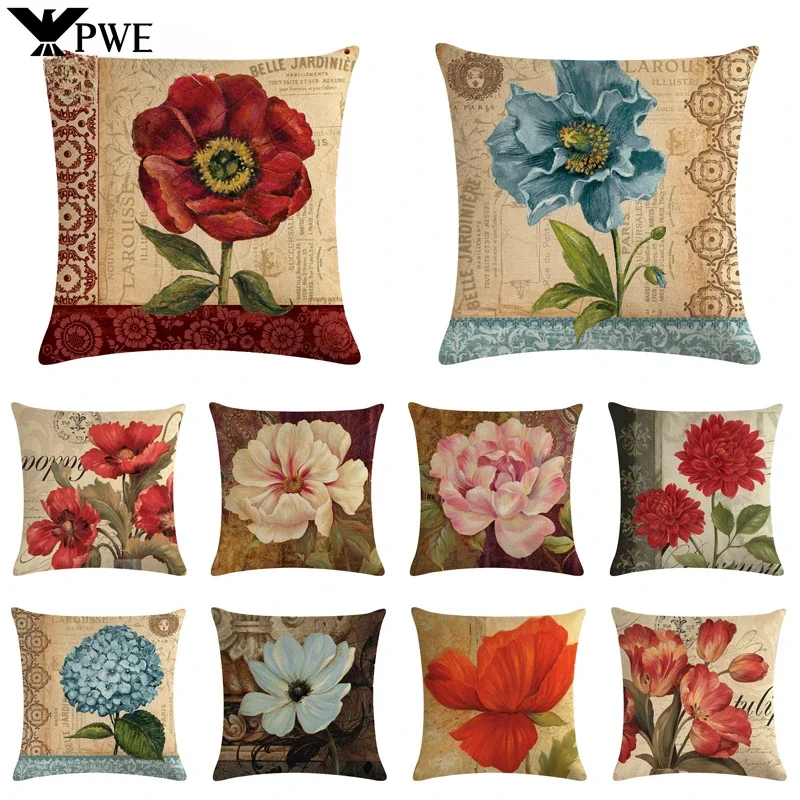 

Retro Rose Pattern Linen Pillowcase Living Room Bedroom Sofa Cushion Cover Furniture Decorative Pillowcase 45*45cm