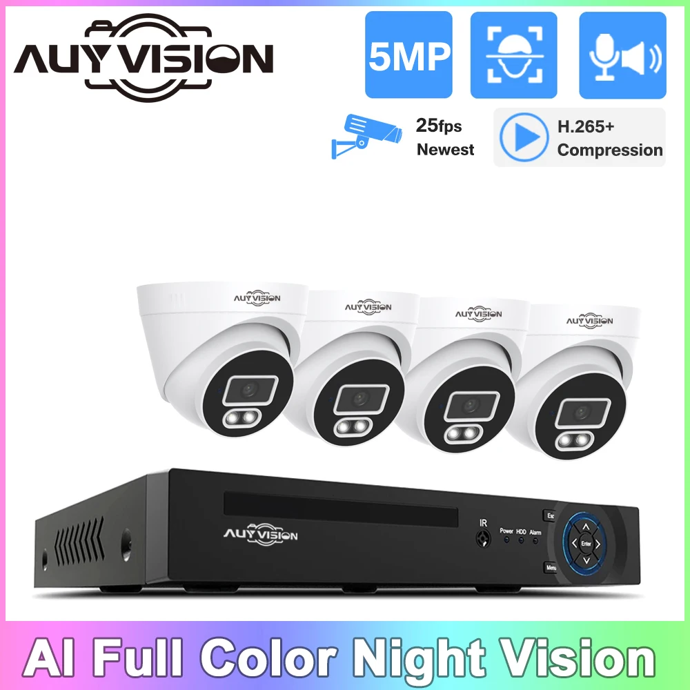 

4CH H.265+ 4K POE NVR Kit CCTV System Two-Way Audio 5MP AI IP Camera Colorful Night Indoor Dome Video Security Surveillance Set