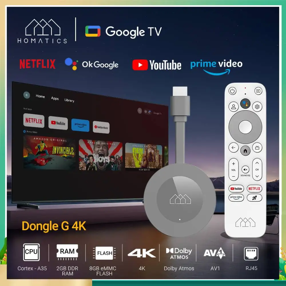 

Google Netflix Certified Amlogic S905Y4 HOMATICS Dongle G 4K TV Stick 11 OS Media Player Dolby Atmos 2.4&5G 2T2R Wifi BT5.0 BOX