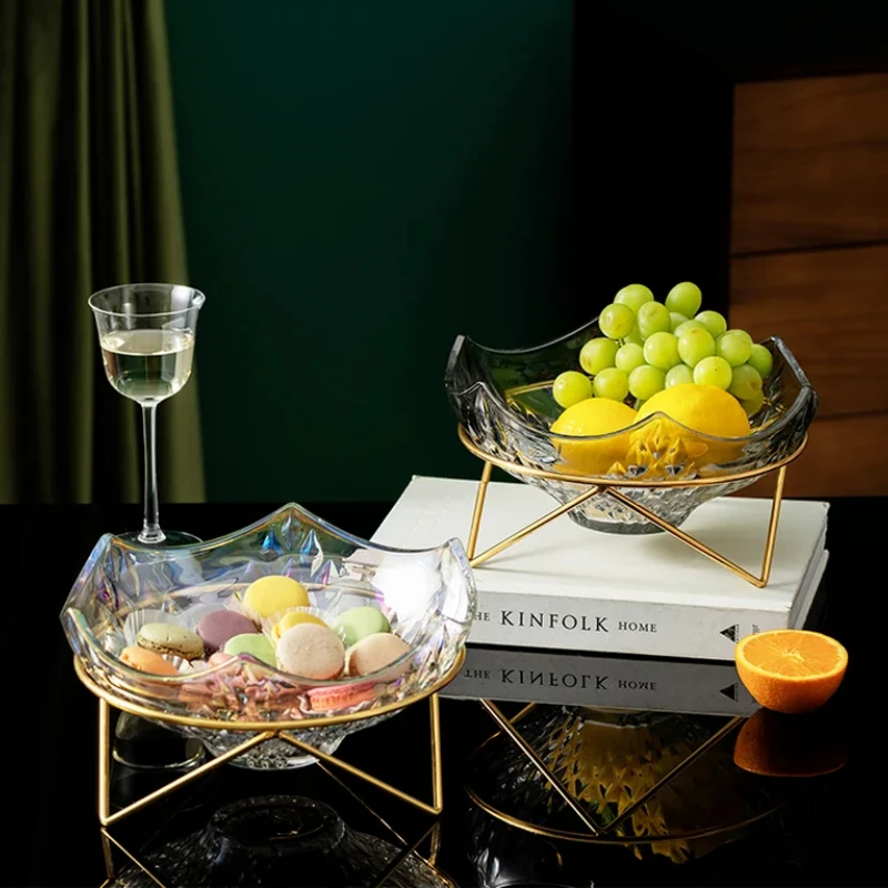 

Iron Base Glass Fruit Plate Glass Bowl Candy Snack Tray Dessert Bowls Dishes Fruit Salad Bowl Decorative Plate Cake Pan