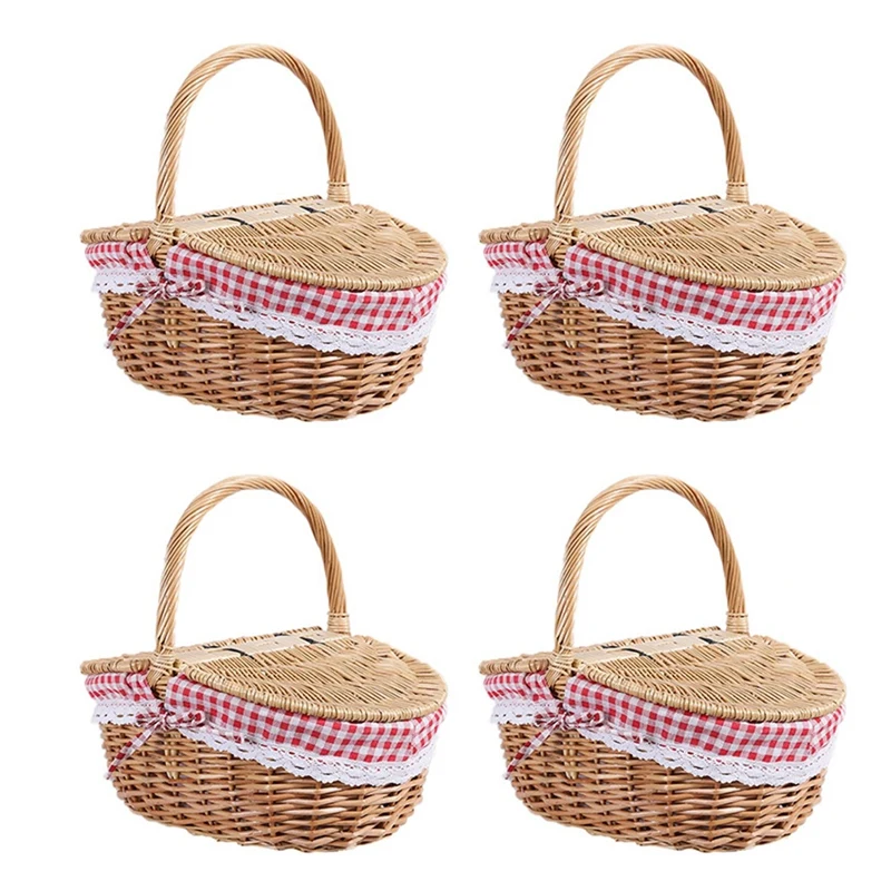 

4X Country Style Wicker Picnic Basket Hamper With Lid And Handle & Liners For Picnics, Parties And Bbqs