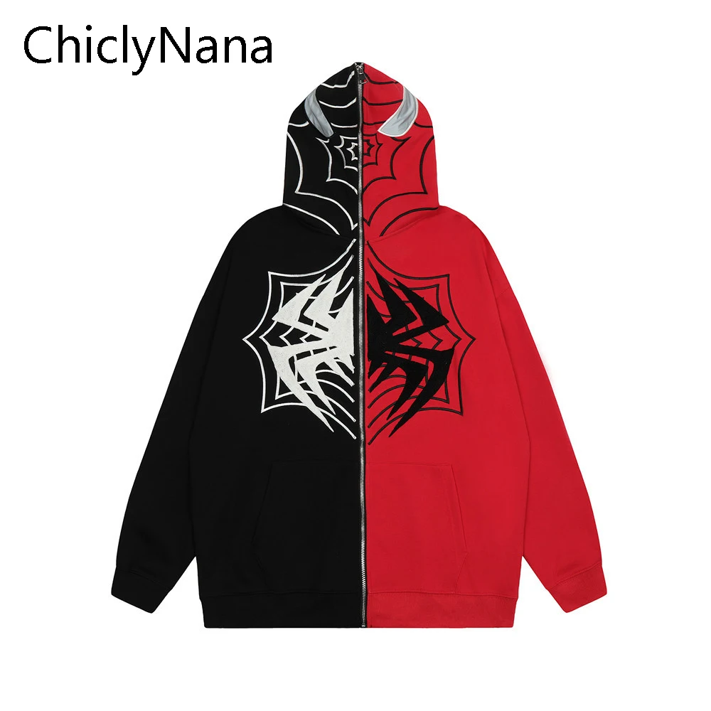 

ChiclyNana Spider Flocking Embroidery Masked Zip Hooded Jacket Men's Casual Loose Jacket Sweatshirt