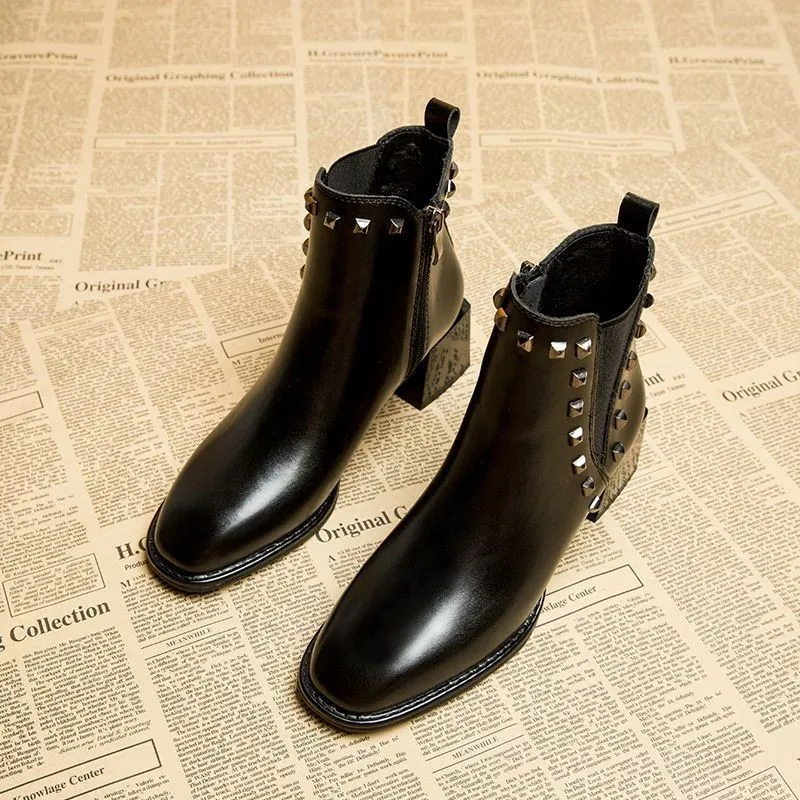 

Ботильоны Женская обувь винтажные повседневные полусапожки с заклепками на толстом каблуке короткие сапоги на среднем массивном каблуке женские сапоги ковбойские сапоги