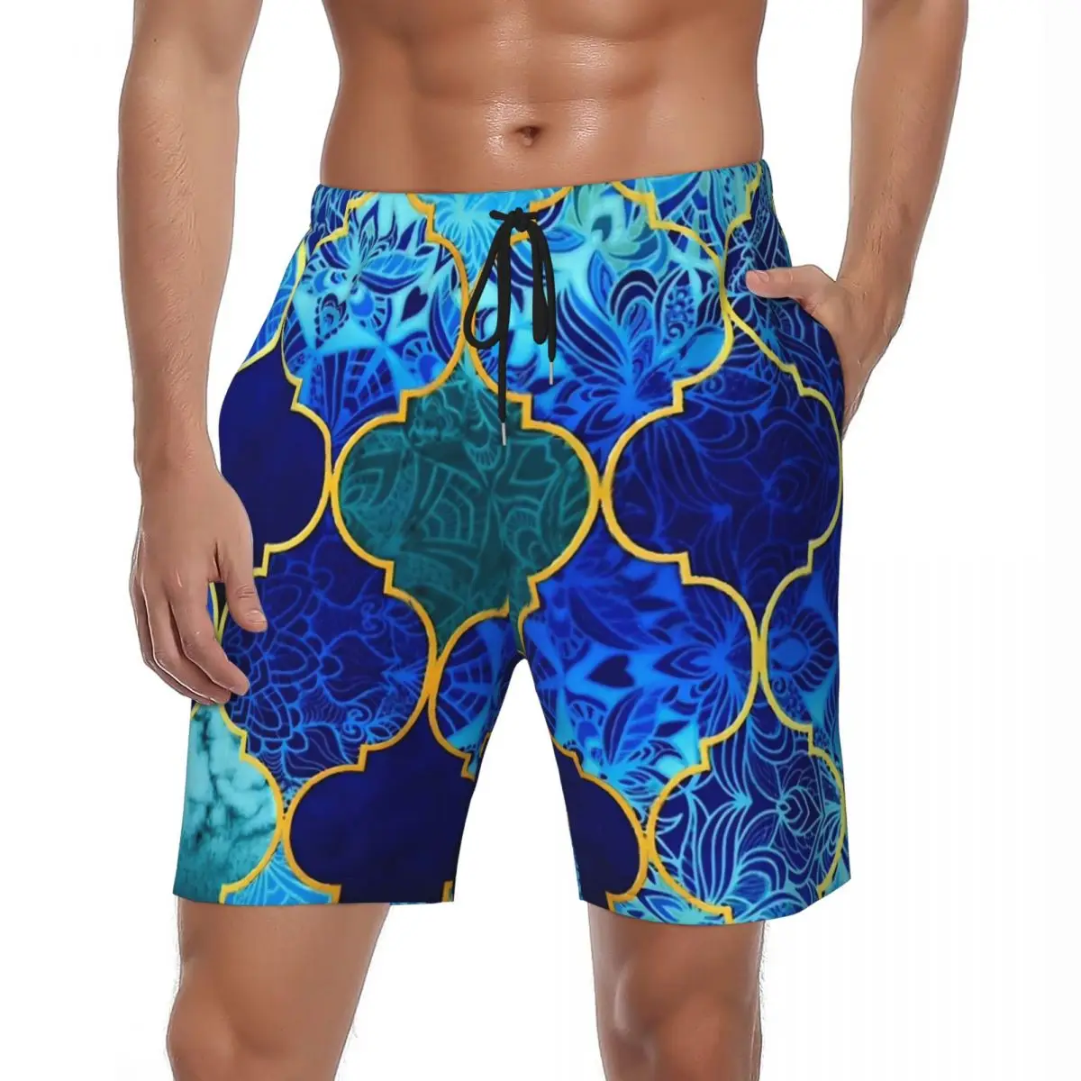 

Синие шорты для спортзала с эффектом омбре, летние забавные пляжные шорты Y2K с мозаиком Марокко, мужские спортивные быстросохнущие плавки для серфинга на заказ, «сделай сам»