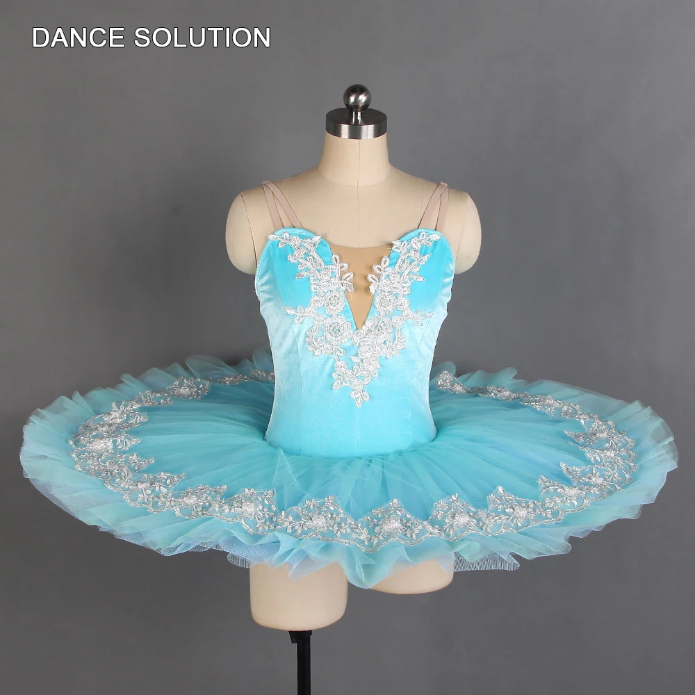 

Ballet Tutus Aqua Blue Velvet Bodice Pancake Tutu with Sliver Applique for Women and Girls Stage Performance Dancewears BLL204