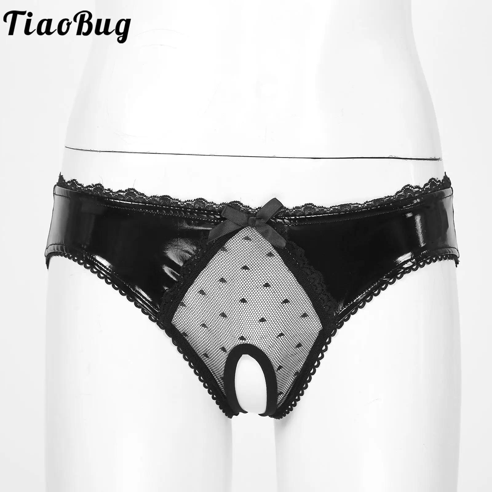 

Tiaobug Womens Black Lace & Pu Leather Patchwork Open Crotch Thongs Nightwear Briefs Glossy Low Waist Panties with Bowknots