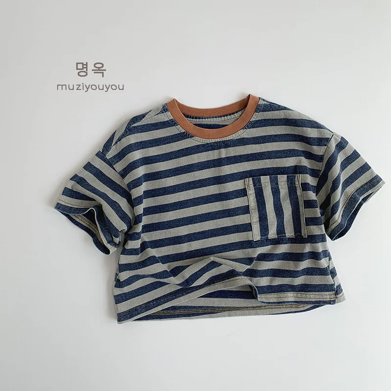 2025 Summer New Children Casual Striped T Shirts Cute Girls Short Sleeve Tops Baby Boys Pocket Tee Infant T Shirts Kids Clothes 5 Se463fadd813841f686dc70e3c8d4261dz