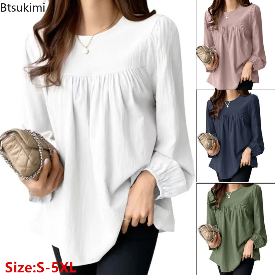 

2024 Fashion Elegant Solid Blouse for Women Long Sleeve O-neck Casual Office Lady Tops Simple Loose Plus Size Shirt Blusas Mujer