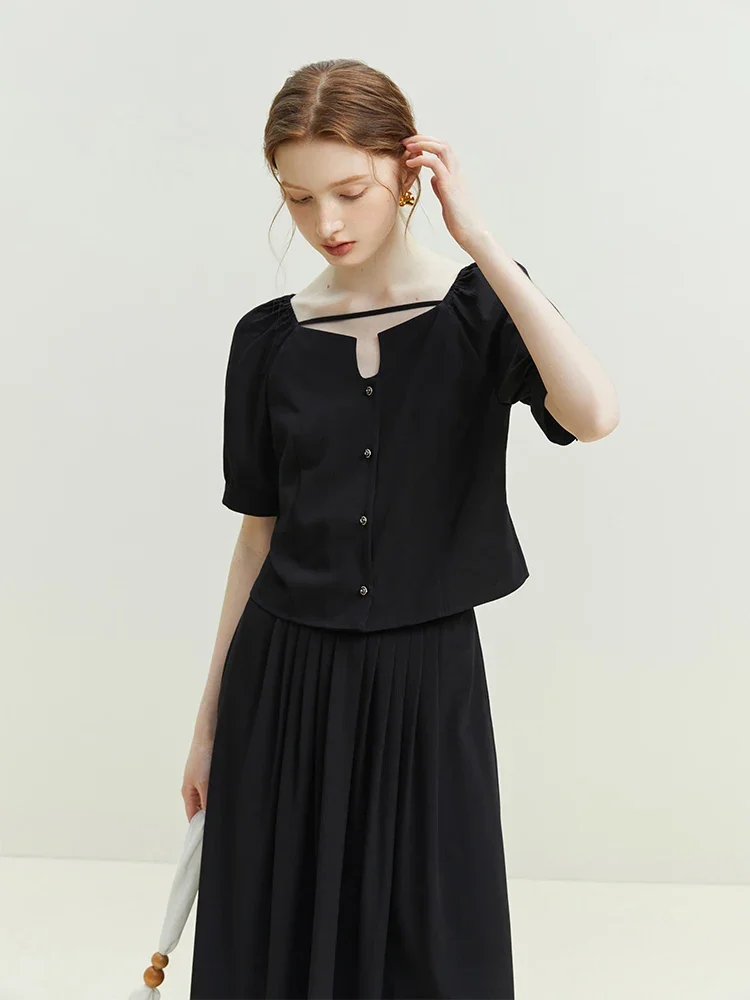 

FSLE Design Sense Fashion Two-piece Suit for Women French Short-Sleeved Shirt + A-Line Skirt Summer All Black Skirt Suit Female