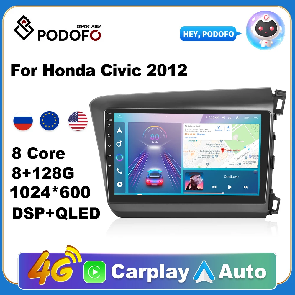 

Podofo AI Voice Android Carplay Car Radio For Honda Civic 2012 2din Android Auto 4G Multimedia Navigation GPS autoradio DSP