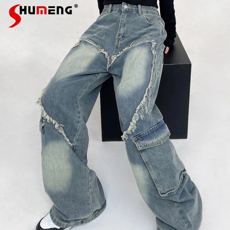 

New American Fashion Frayed Washed Heart-Shaped Stitching Denim Trousers Retro Distressed Figure Flattering Straight Cargo Pants