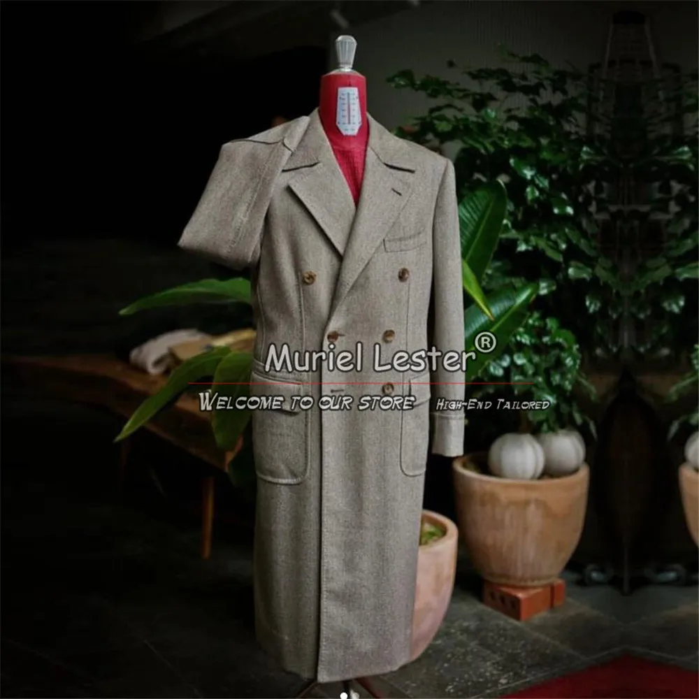 

Man Tweed Woolen Suit Jackets Custom Made Double Breasted Overcoat Long Notch Lapel Prom Blazers Sets Outwear Trench Coat Long