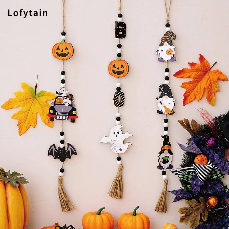 

Lofytain Halloween Wooden Beads Pendant Gnome Pumpkin Bat Ghost Hanging Ornaments for Wall Home Party Tray Decoration Prop