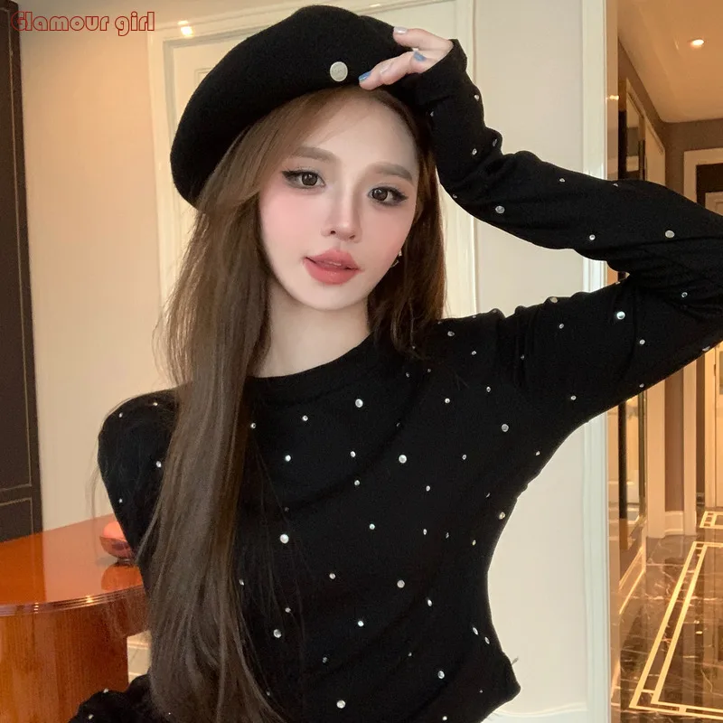 

Spicy Girl Long Sleeved White T-shirt Women's Clothing Heavy Industry Hot Stamping Diamond Tight Inner Matching Shirt Short Top