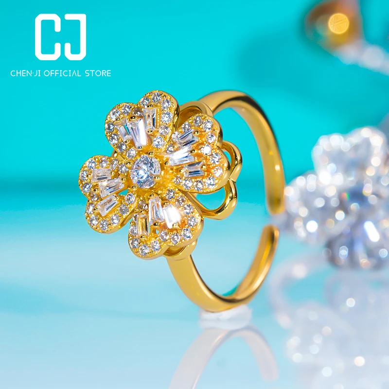 

Fashion Rotating Four-Leaf Clover Ring Luxury 100% 925 Sterling Silver Flower Opening High Carbon Diamond Dinner Fine Jewelry