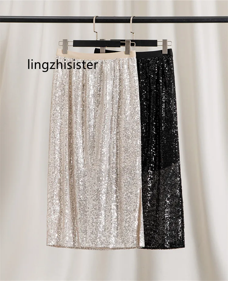 

Women Silver Skirt Top Quality Black Sequins High Waist Bud Shining Skirts Irregular Slim Ankle Length Solid Color Fashion New