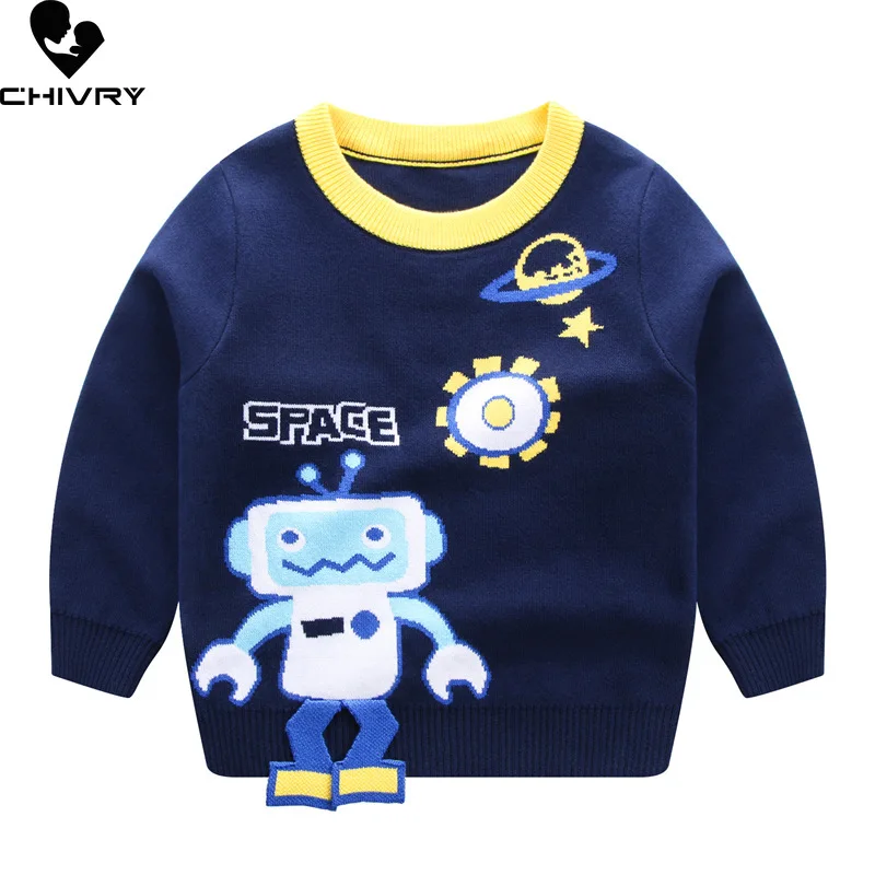 

Пуловер детский осенне-зимний, свитер для маленьких мальчиков, Жаккардовый трикотажный джемпер с круглым вырезом и мультяшным роботом, свитеры, топы, детская одежда