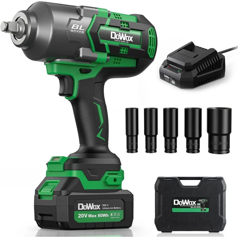 

DOWOX Cordless Impact Wrench 1/2 Inch, High Torque 1200 Ft-lbs Brushless Impact Gun, 20V Power 4.0 Ah Battery, Fast Charger, 5 P