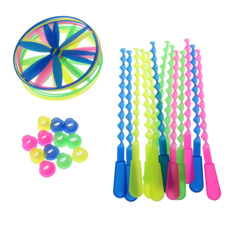 

4Pcs Twisty Flying Saucers Assorted Colors Helicopters Outdoor Bamboo Dragonfly Plastic Handle UFO Toy Fairy Flying Saucer Toys