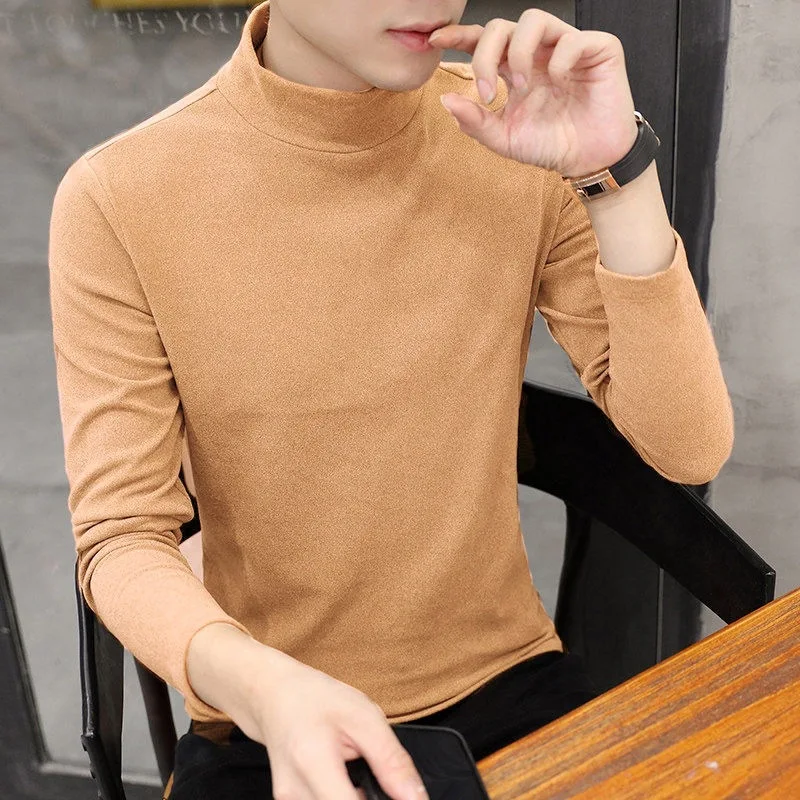 

Simple Fleece Turtleneck Solid Long Sleeve Men T Shirts Fashion All-match Casual Harajuku Inside Basic Spring Fall Smart Clothes