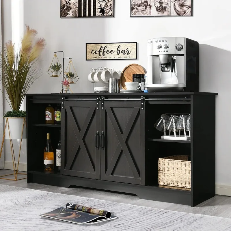 

Farmhouse Coffee Bar Cabinet, 59" Sideboard Buffet Cabinet with Storage, Sliding Barn Doors Black Buffet Serving Table Cupboard