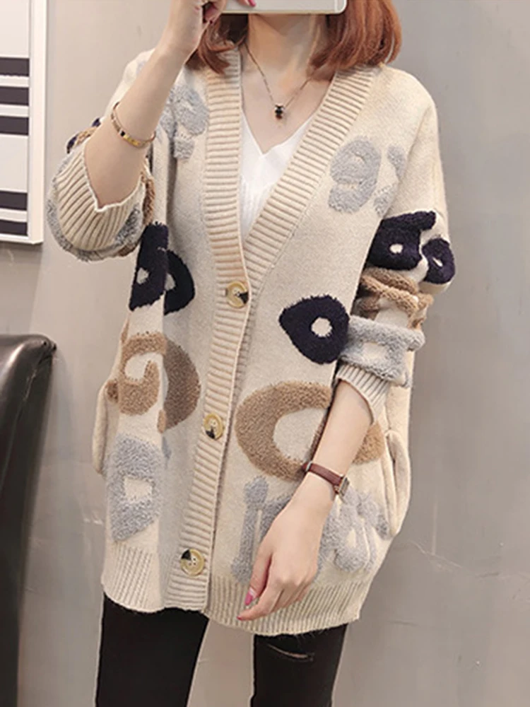 

Autumn Knitting Sweater Batwing Sleeve Single Breasted Letter Pattern Vintage Long Cardigans High Street Casual Warm Winter Coat