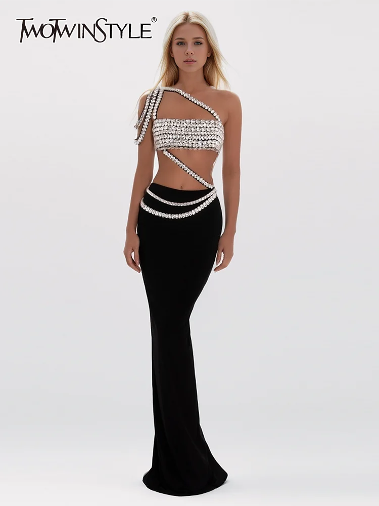 

TWOTWINSTYLE Designer Spliced Diamond Two Piece Set For Women Strapless Crop Top High Waist Split Skirt Slimming Sets Female New