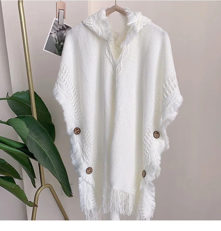 

Spring Autumn Women Hooded Pullover Sweater Tassel Knitting Versatile Sunscreen Warmth European American Knitted Cloak White