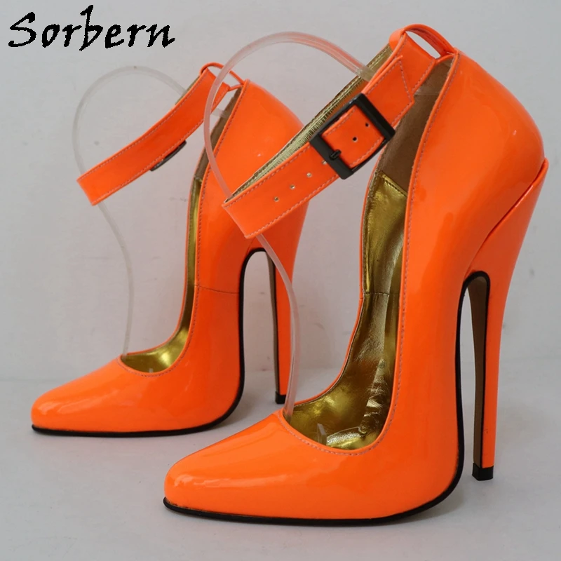 

Sorbern Neon Orange 16Cm High Heel Women Pump Shoes Stilettos Wide Ankle Strap Pointed Toe Sissy Boy Fetish Arch Heeled Footwear
