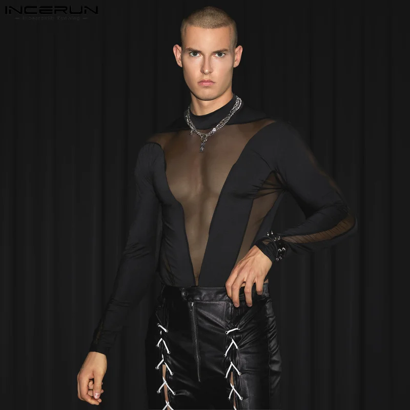 2023 Men Bodysuits Mesh Patchwork Turtleneck Long Sleeve Fashion Rompers Male T Shirt Streetwear Transparent Bodysuit INCERUN
2023 Men Bodysuits Mesh Patchwork Turtleneck Long Sleeve Fashion Rompers Male T Shirt Streetwear Transparent Bodysuit INCERUN