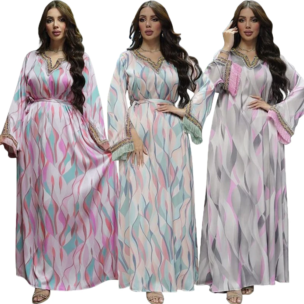 

Eid Mubarak Ramadan Diamonds Print Abaya Kaftan Women Muslim Maxi Dress Morocco Gown Robe Turkey Caftan Dubai Jalabiya Djellaba
