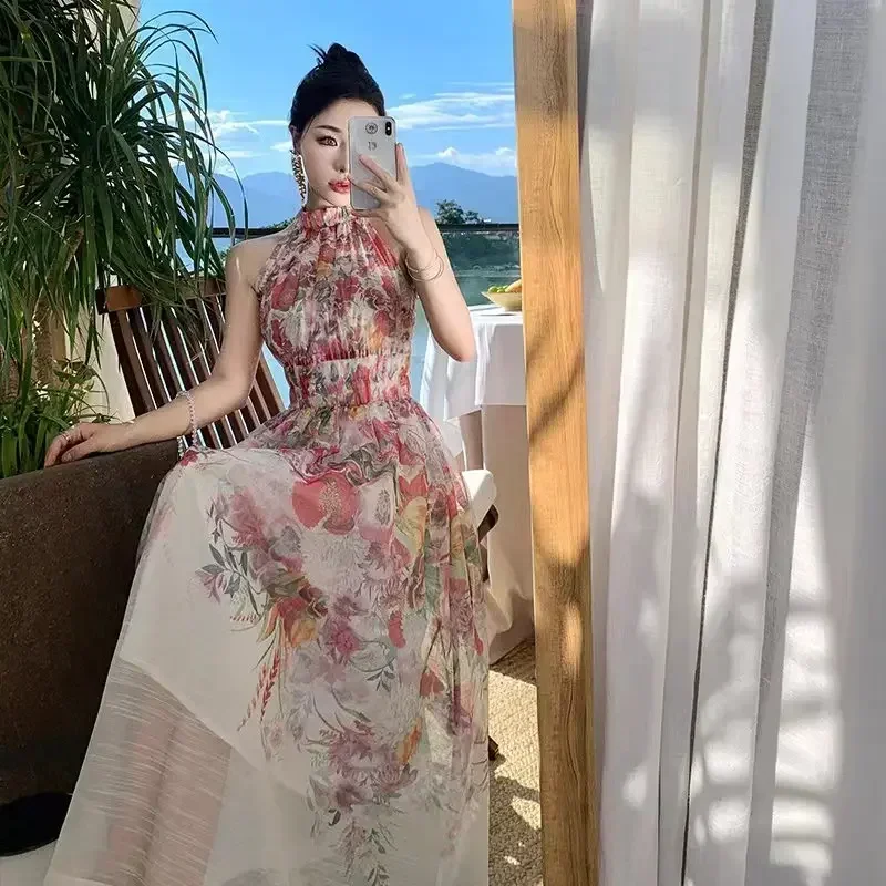 

High-End Exquisite French Romantic Gentle Floral Sleeveless Dress for Women Summer Temperament Waist-Controlled Slimming Dress