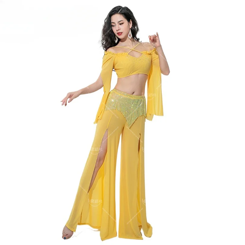 

Carnival Costumes Woman Rhinestone Shine Fringe Skirt Pant Gauze Long Sleeve Top 2 Piece Sexy Oriental Dance Outfit Beauty New