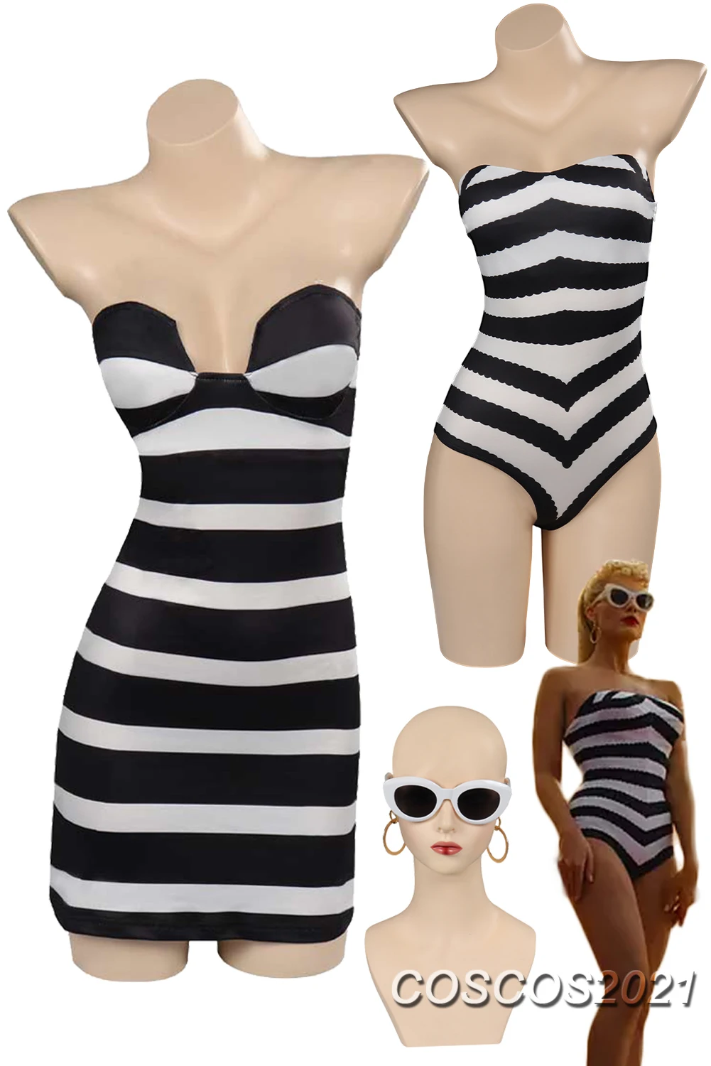 Женский костюм для ролевых игр Margot, черно-белое платье в полоску с открытыми плечами в стиле фильма «барбэй», 2023