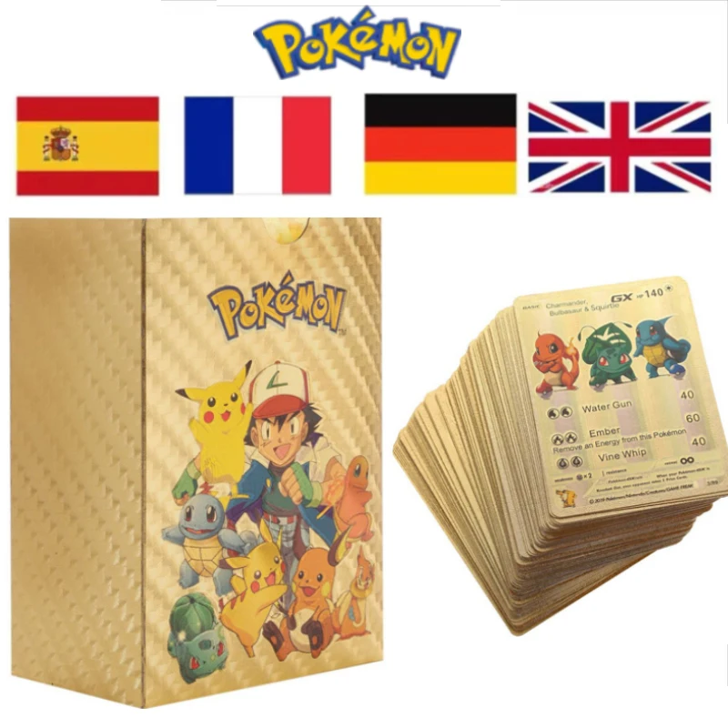 

110pcs No Repeat Pokemon Card English Spanish French German Gold VAMX GX Pikachu Charizard Rare Collection Battle Trainer Cards