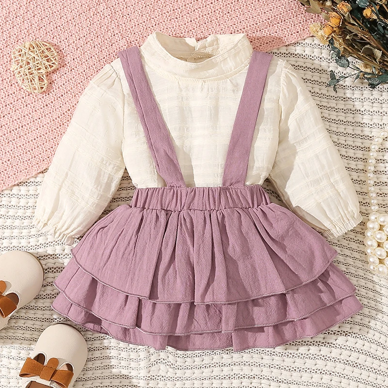 

0-18M Newborn Infant Baby Girl 2Pcs Clothes Sets Solid Color Jacquard Long Sleeve Mock Neck Tops and Ruffled Suspender Shorts