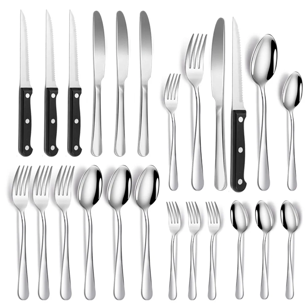 24 Piece Stainless Steel Tableware Set Titanium Plated Black Dinner Set Wide Blade Knife Fork Spoon Safety Silver Table Props
24 Piece Stainless Steel Tableware Set Titanium Plated Black Dinner Set Wide Blade Knife Fork Spoon Safety Silver Table Props