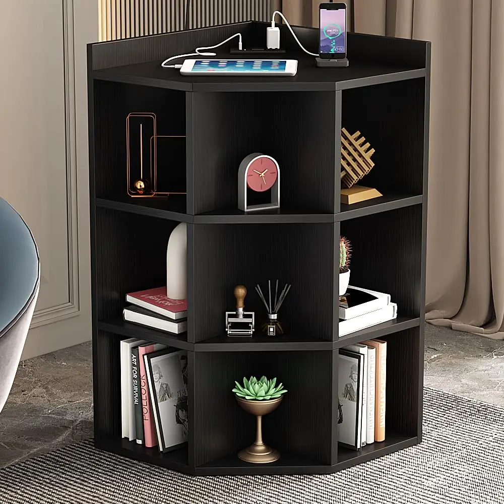 

Corner Cabinet, 9 Cubby Corner Bookcase with USB Ports and Outlets, 3-Tier Corner Storage Cabinet with Charging Station